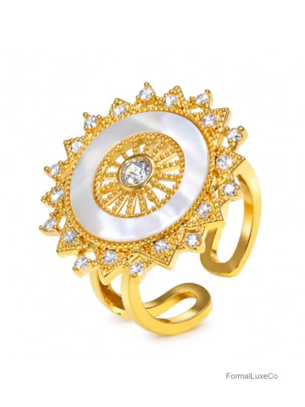 18K Gold Plated Adjustable Wide Band Ring with Cubic Zirconia